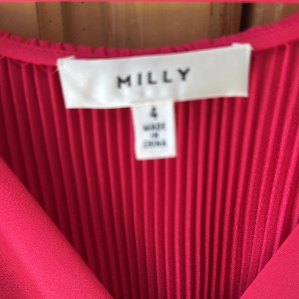 NWOT MILLY Women Liv Pleated Tie-Waist Long Sleeve V-Neck Pink Mini flare Dress - Picture 2 of 7